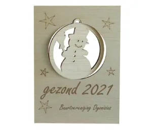 houten zakelijke kerstkaart met eigen tekst en naam buurtvereniging