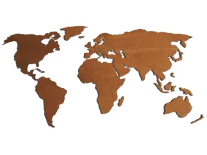 Grote houten wereldkaart met gegraveerde landgrenzen voor aan de muur eiken